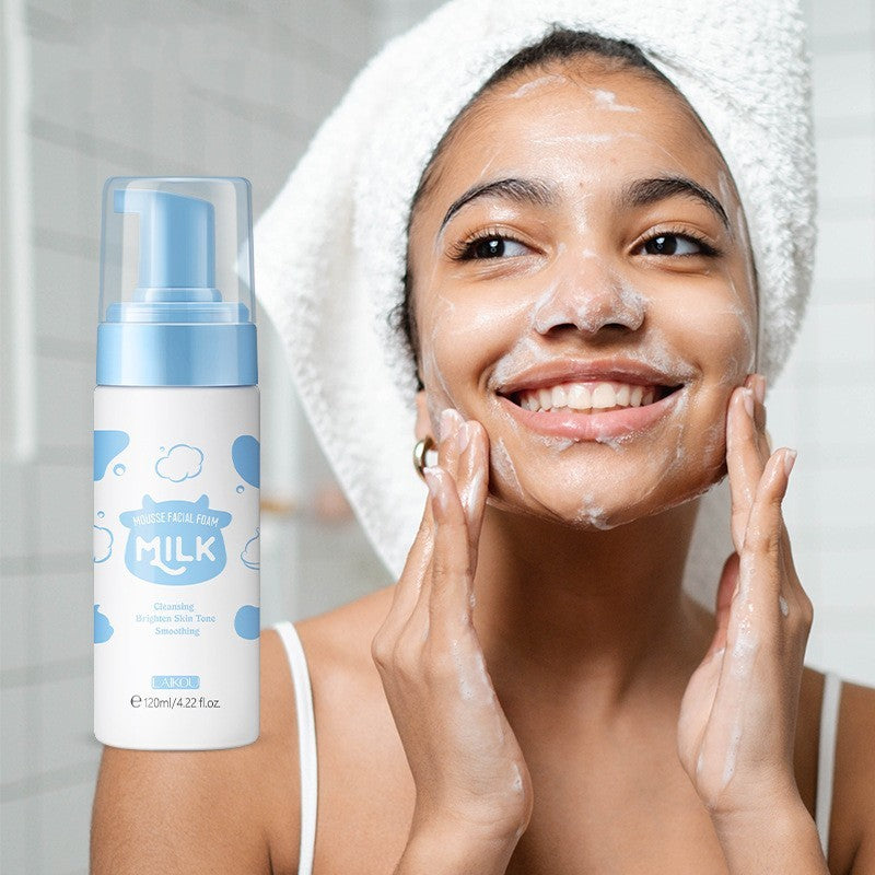 milk mousse cleanser, gentle facial cleanser, foaming face wash, hydrating face cleanser, deep pore cleansing, sensitive skin face wash, nourishing facial foam, skincare cleansing mousse, lightweight cleanser, moisturizing face wash, daily face cleanser, soft skin formula, non-stripping face wash, foam cleanser for dry skin, refreshing facial cleanser